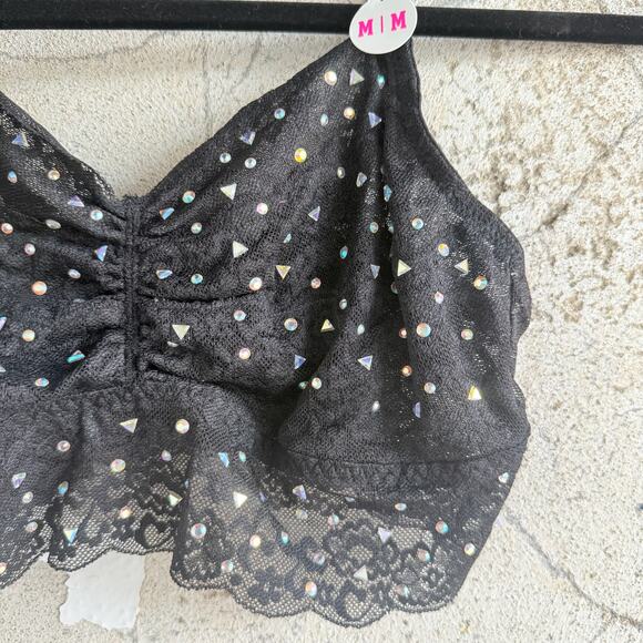 Victoria’s Secret PINK Lace Bralette Rhinestone Sparkle Rave Top NWT Black M - Picture 2 of 4